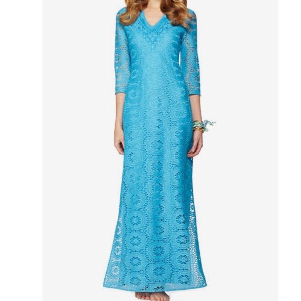 Lilly Pulitzer Sharrie Caftan Blue Maxi Dress Resort  Lace Embroidery SZ XS